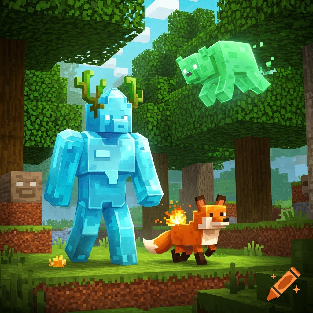 A Minecraft scene with a blue ice golem-like creature, a glowing green bear-like mob, and a fox with fire on its tail in a forest.