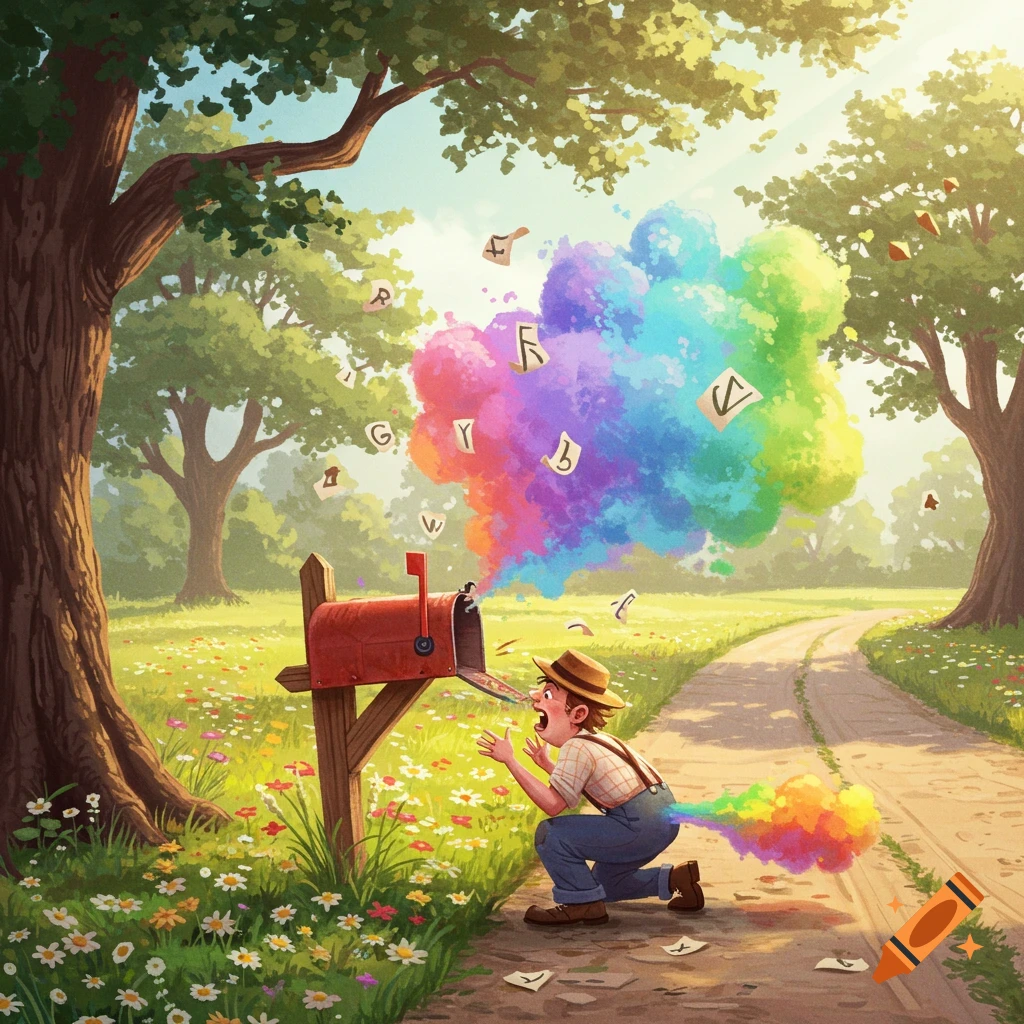 A whimsical illustration of a man shocked by a rainbow explosion of letters from a mailbox in a field, with colorful gas from his rear.