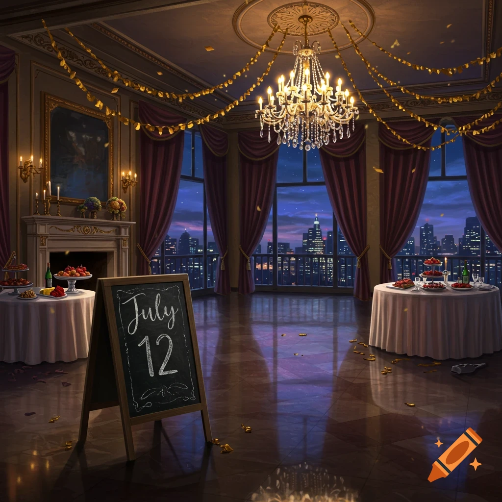 An ornate, empty ballroom decorated for a party, with a chalkboard sign saying 'July 12' and a city skyline at night.