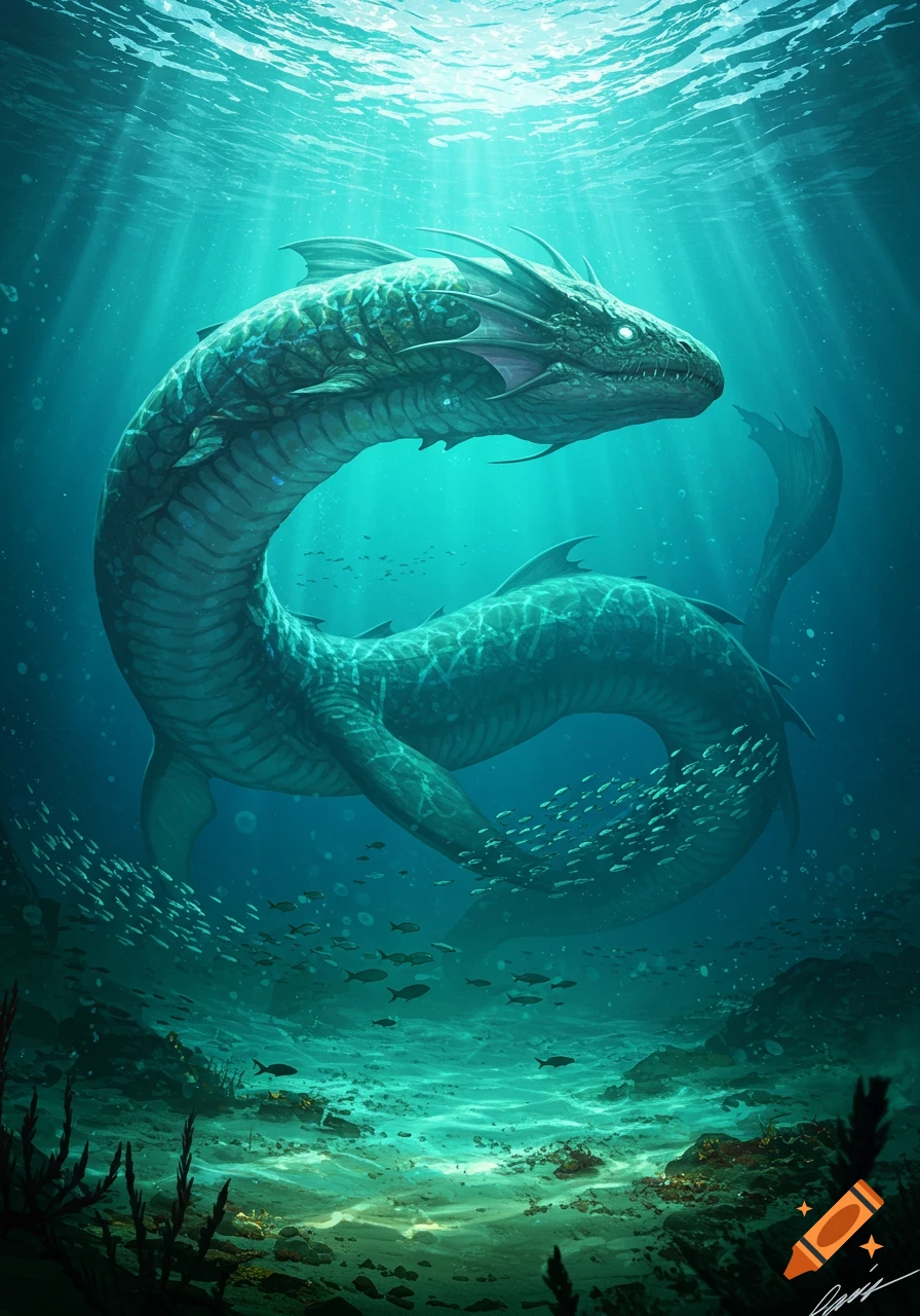 A majestic sea serpent with glowing eyes swims through a vibrant blue ocean, illuminated by sun rays, surrounded by schools of fish and coral.