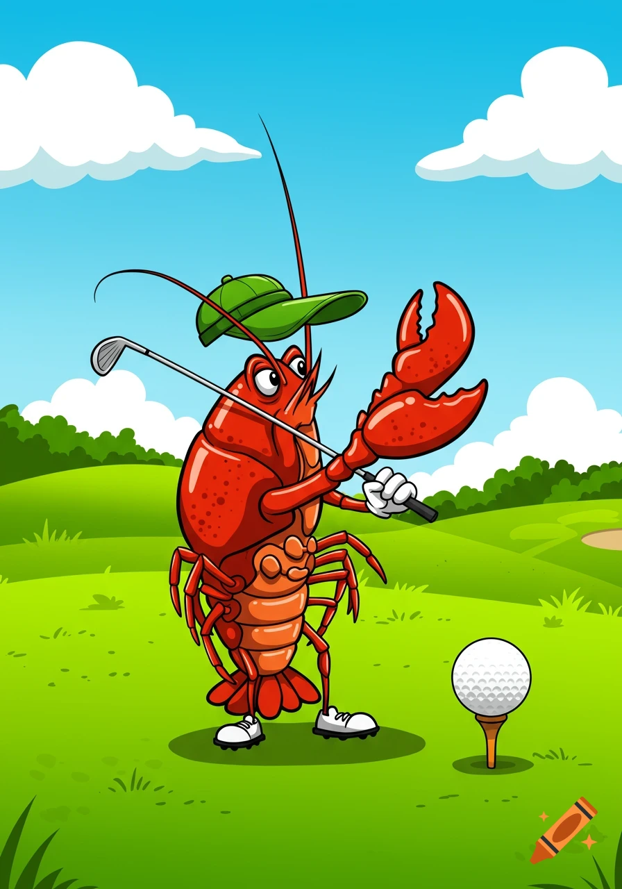 A cartoonish crawfish wearing a green golf visor and white glove swings a golf club at a golf ball on a golf course in vector art style.