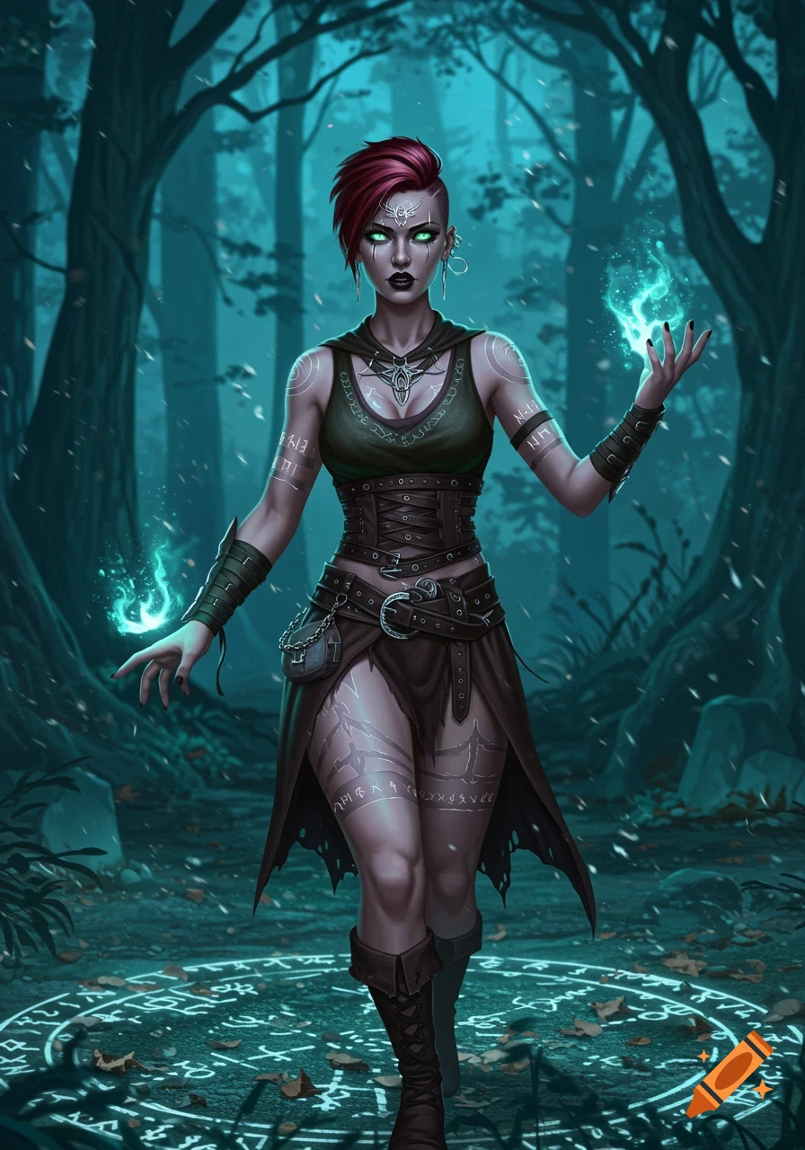A warrior witch with red hair and glowing green eyes, covered in rune tattoos, stands in a dark forest, casting a magical spell.