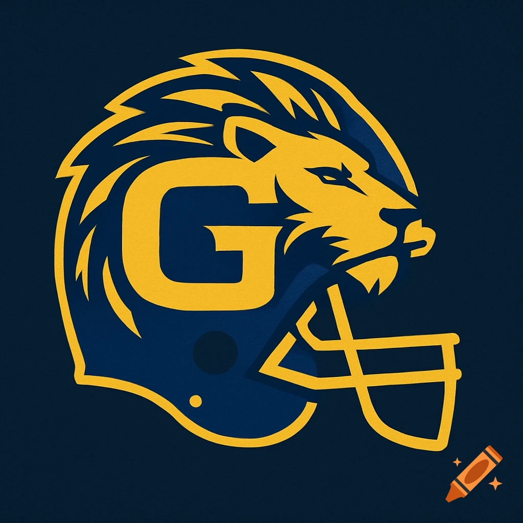 A blue and yellow sports logo featuring a lion's head merged with the letter G, wearing a football helmet.