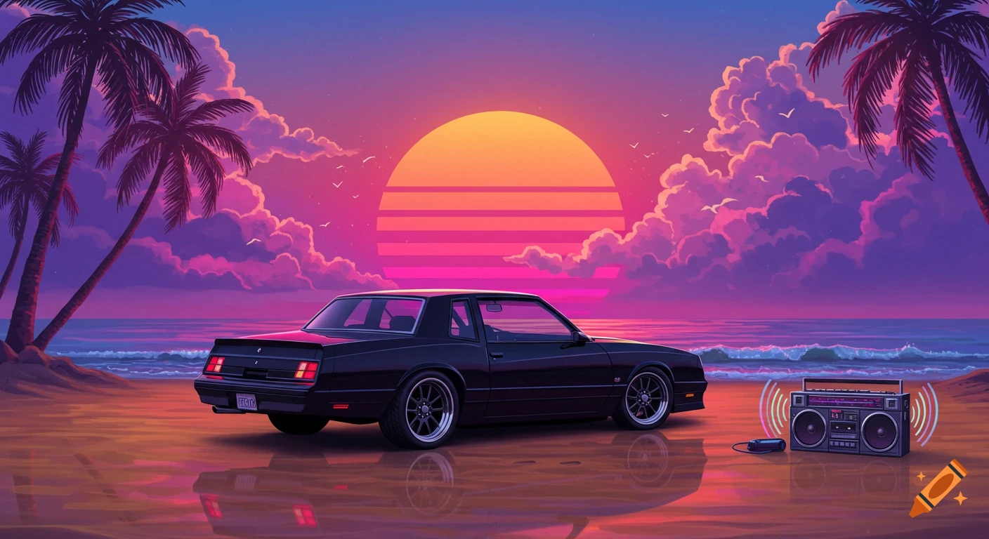 Black '87 Monte Carlo SS parked on a neon-lit beach at sunset with palm trees and a boombox, in a retrowave style.