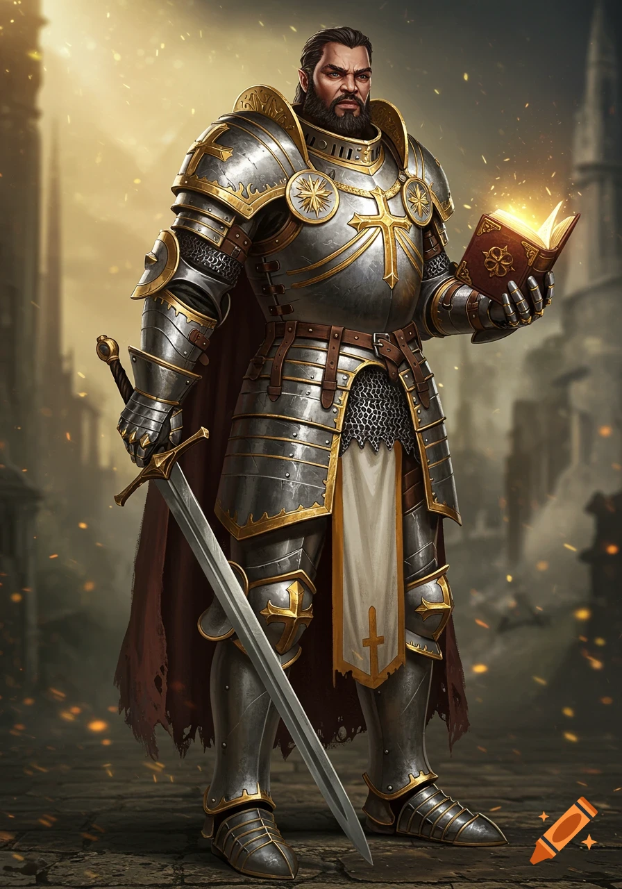 A formidable male knight in ornate silver and gold armor holds a glowing book and a sword, standing resolutely in a fantasy setting.
