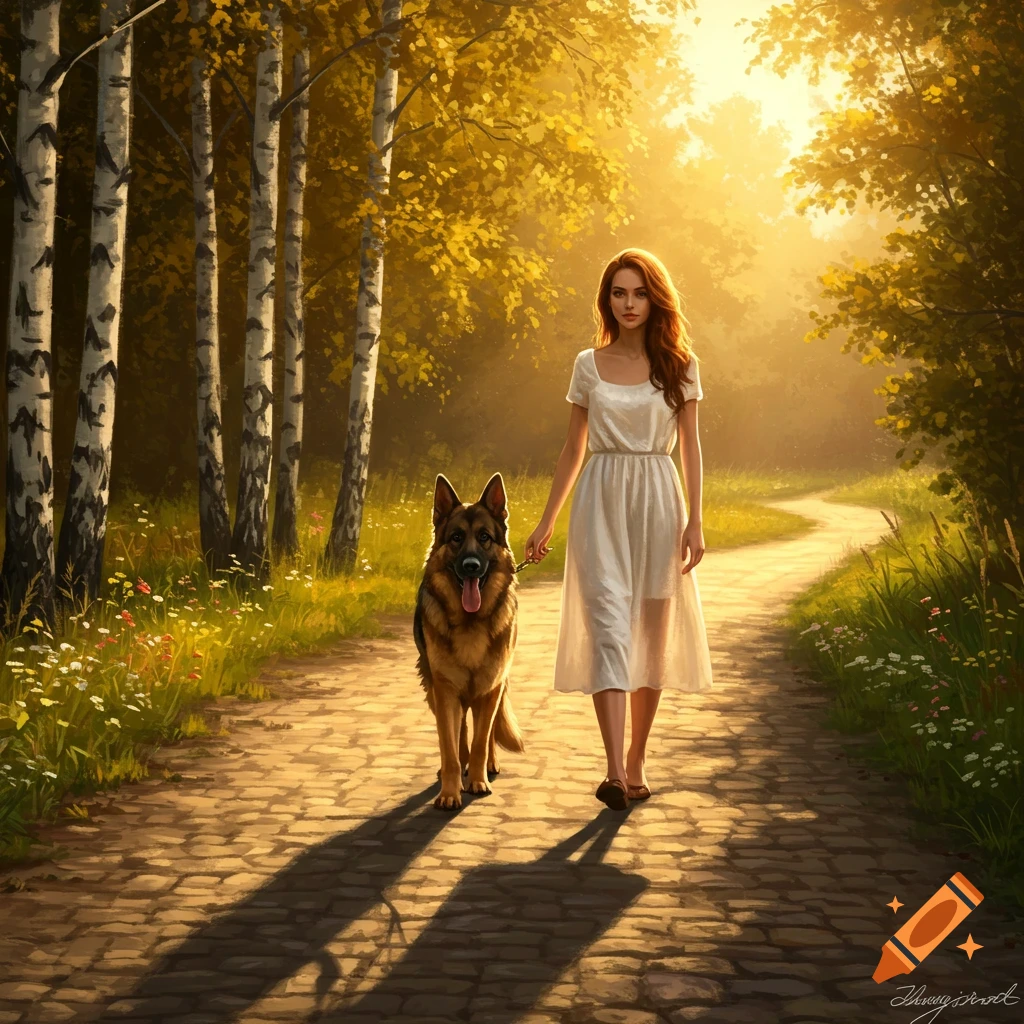A woman in a white dress walks her German Shepherd on a sunlit path through a golden forest.