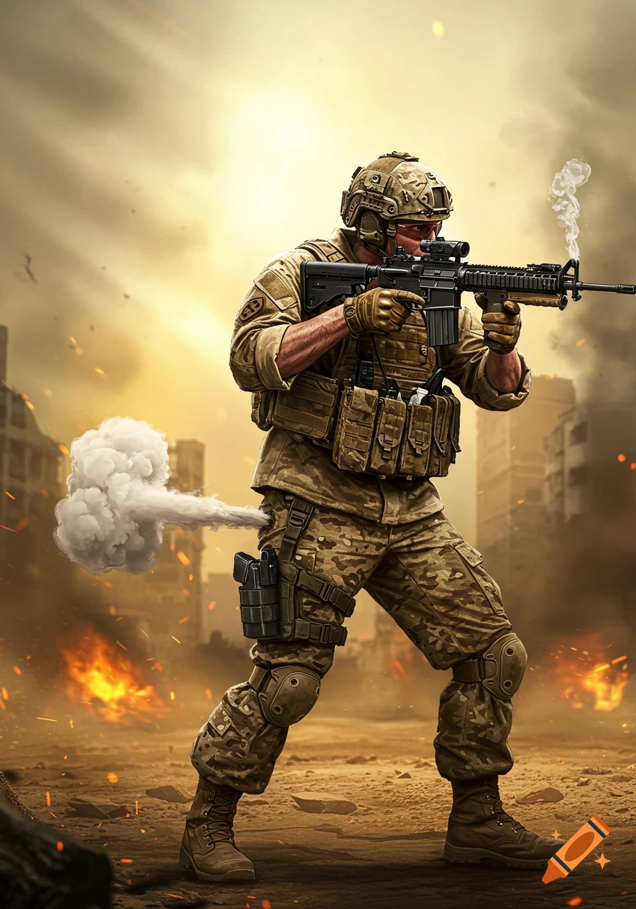 A photorealistic soldier in camouflage aims a rifle amidst a war-torn city, with a large smoke cloud from his rear.