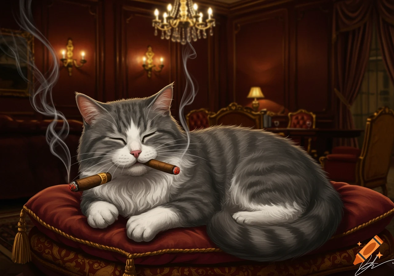 A sophisticated gray and white cat with two cigars, reclining on a red velvet pillow in a lavish room.