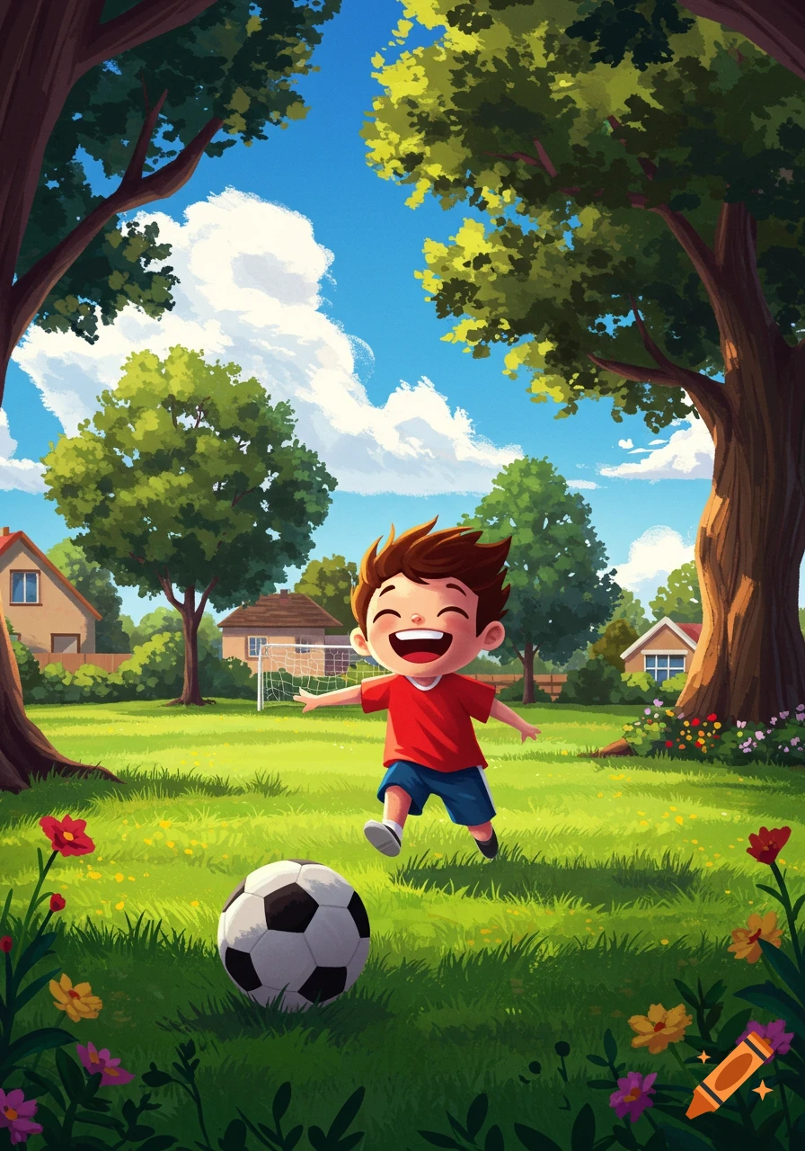 A happy cartoon boy in a red shirt runs after a soccer ball on a green grassy field surrounded by trees and houses under a blue sky.