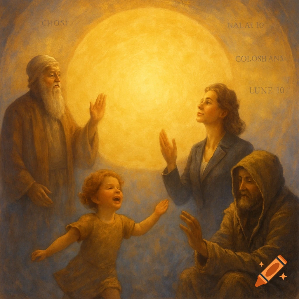 A family in a painterly style with an old man, woman, child, and hooded man raising hands toward a glowing yellow light.