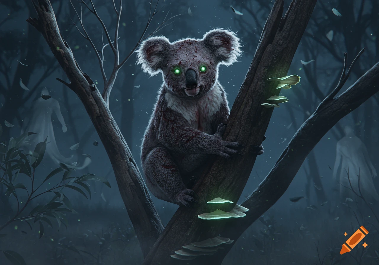 A zombie koala with glowing green eyes clings to a tree branch in a dark, misty forest with ghostly figures and bioluminescent mushrooms.
