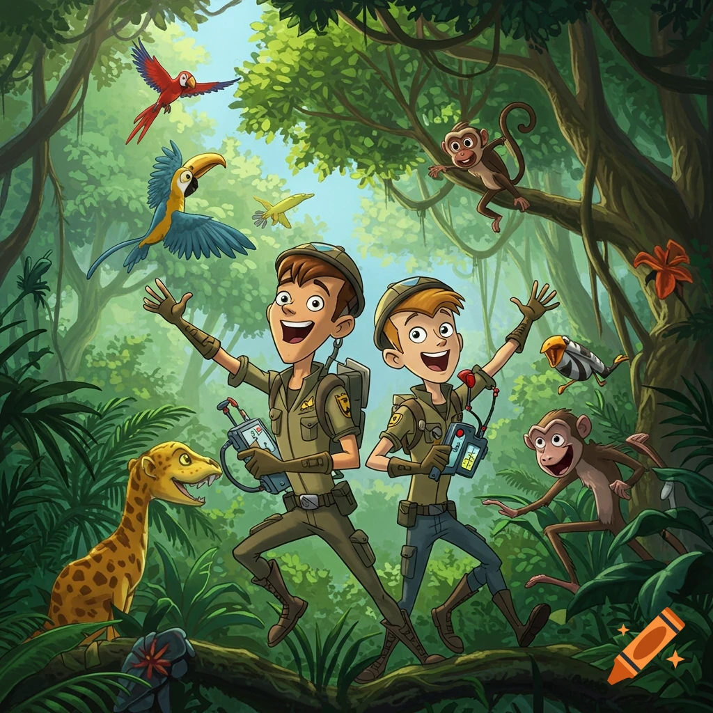 Two happy cartoon explorers in a lush jungle, surrounded by various animals like monkeys, parrots, and a giraffe-like creature.