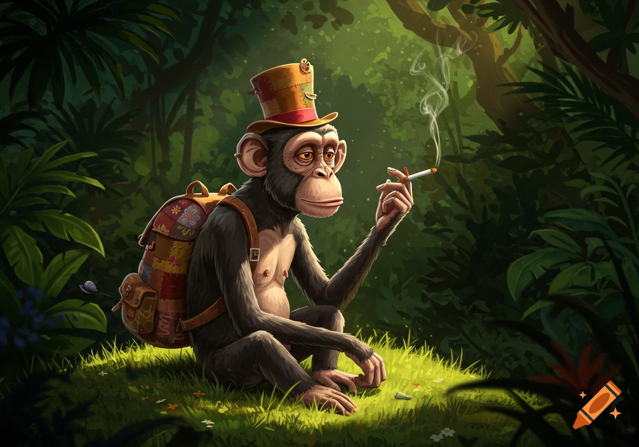 A stylized chimpanzee in a top hat and backpack sits in a sunlit jungle clearing, smoking a cigarette.