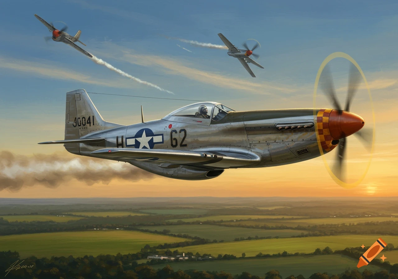 Three P-51 Mustang fighter planes fly over a green landscape with a golden sunset sky, detailed illustration.