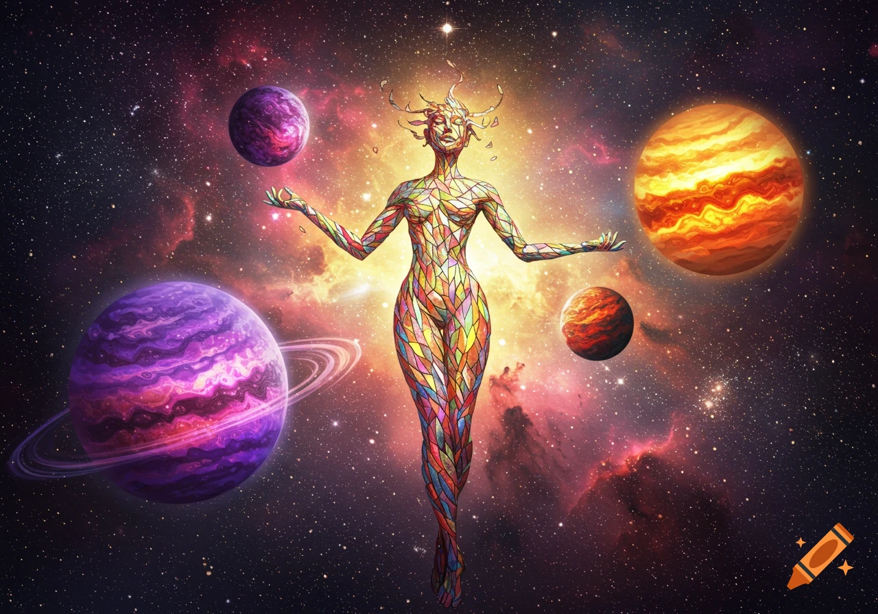 A goddess made of colorful stained glass floats in space, surrounded by vibrant planets and a nebula.