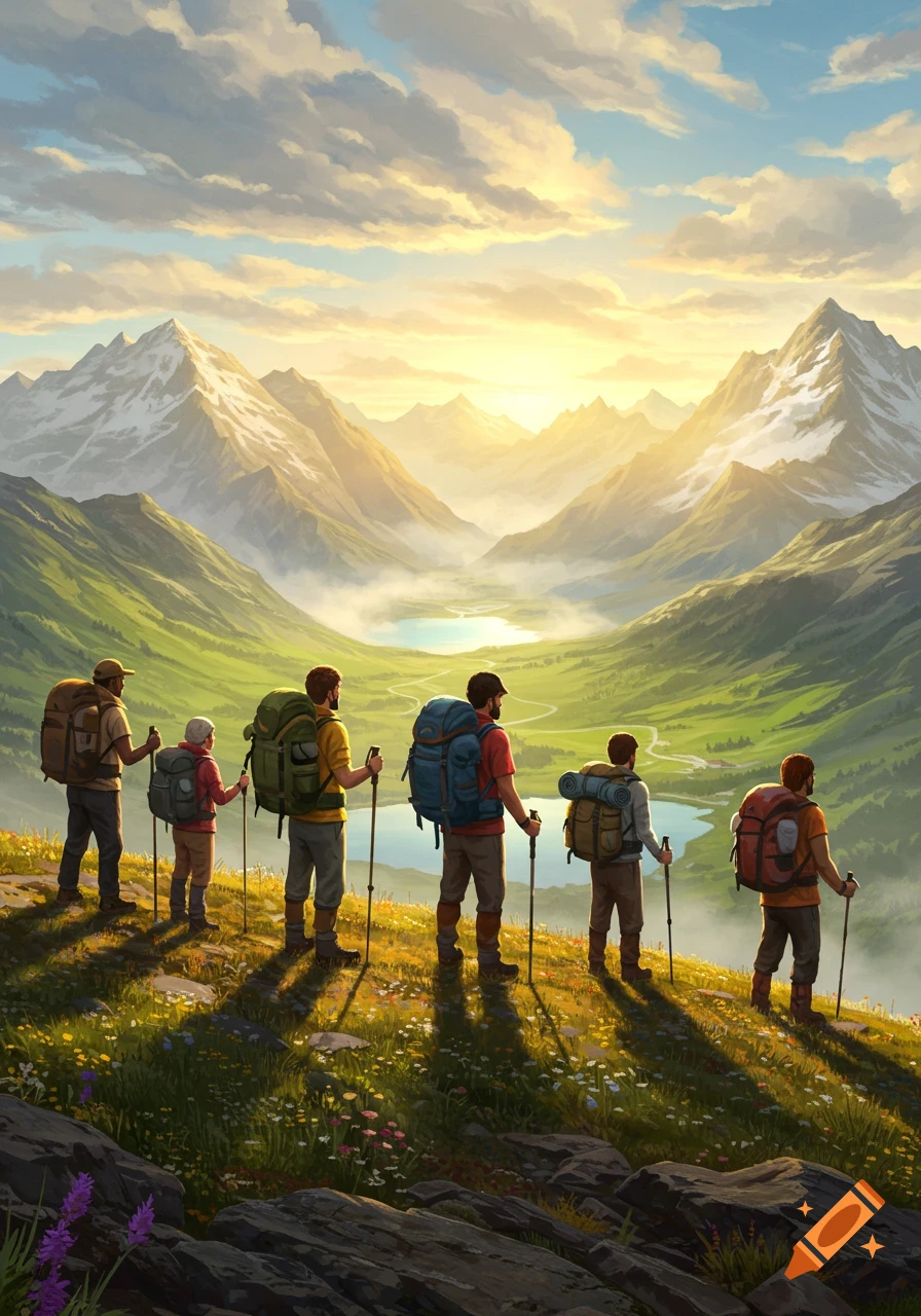 Hikers with backpacks and poles on a mountain ridge overlook a vast valley with lakes and snow-capped peaks at sunrise, in an illustrative style.