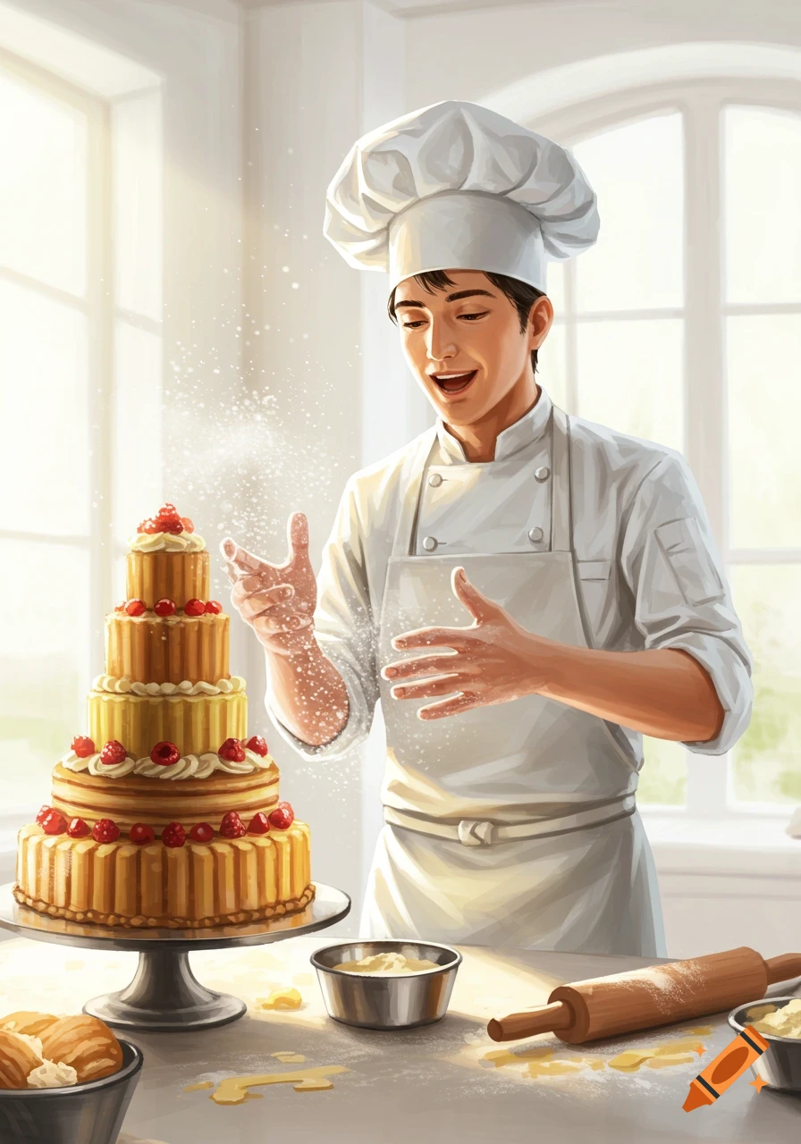 A smiling male chef in a white uniform sprinkles powdered sugar over a tiered cake decorated with raspberries and cream.