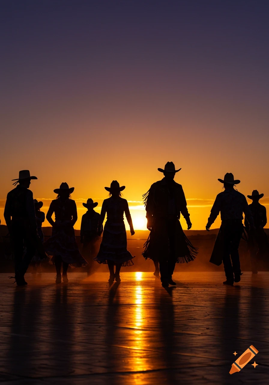 Silhouettes of cowboys and cowgirls line dancing against a vibrant sunset.