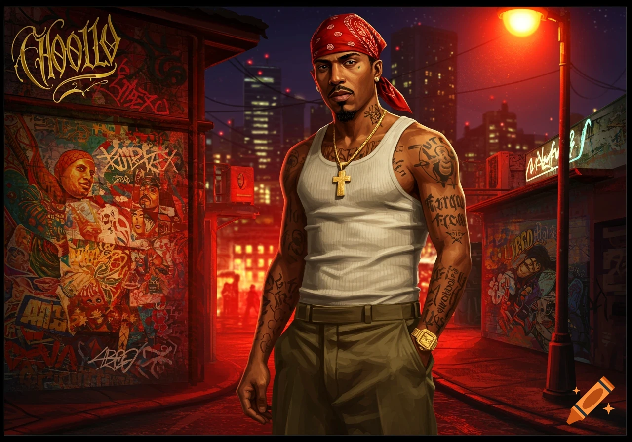 A digital art illustration of a man with tattoos and a bandana standing in a dark urban alleyway at night.