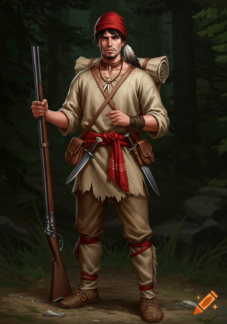 A young voyageur in a red touque and linen tunic stands in a forest, holding a flintlock rifle and equipped with knives.