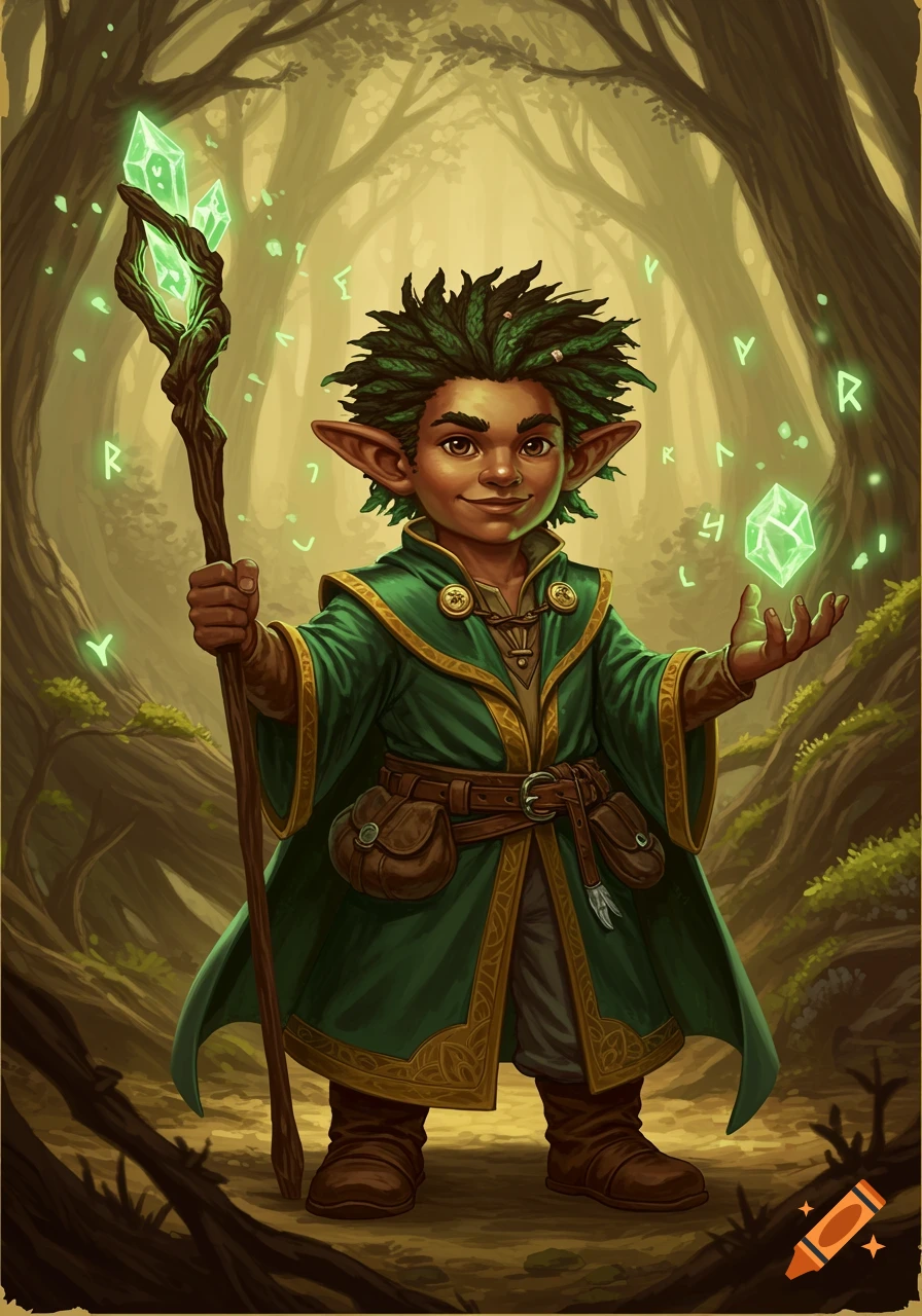 A young male gnome wizard with brown skin and green hair holds a glowing staff and conjures green crystals in a forest.