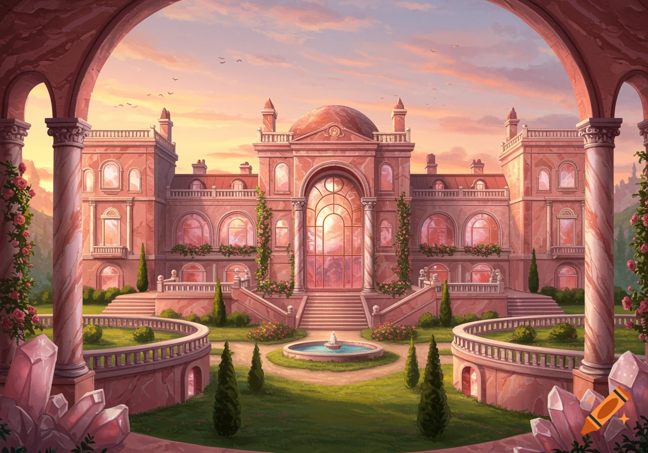 A grand pink marble and quartz mansion with a fountain and gardens at sunset, framed by a large archway. Fantasy architecture style.