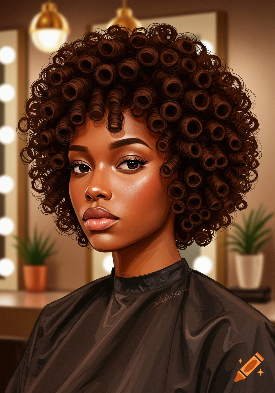 Illustrative portrait of a Black woman with dark, tightly curled hair, wearing a black salon cape, in a softly lit vanity setting.