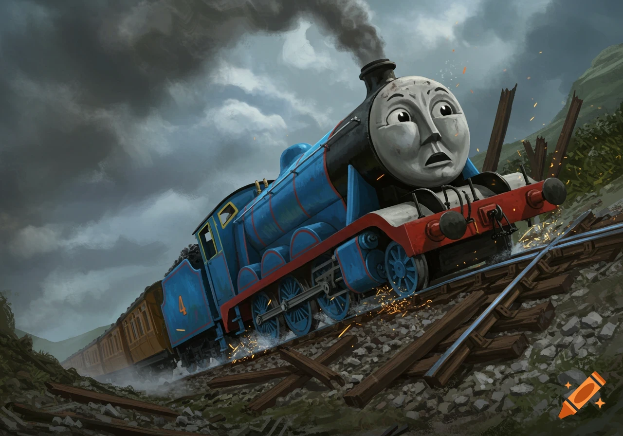 Gordon the blue train derailing on broken tracks with sparks under a dark, stormy sky in an illustrative style.