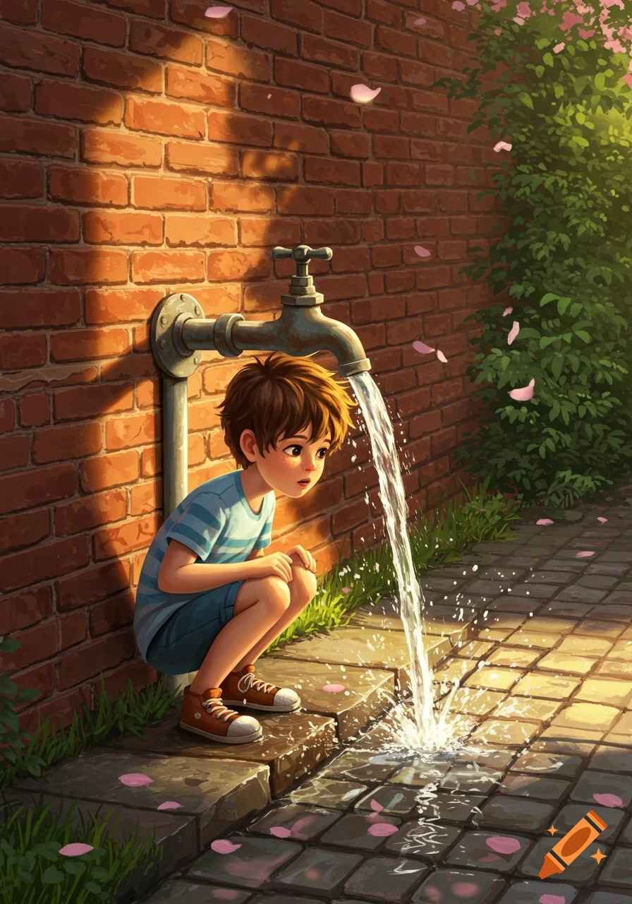 A young boy squats near a brick wall, watching water stream from an outdoor spigot and splash onto stone paving.
