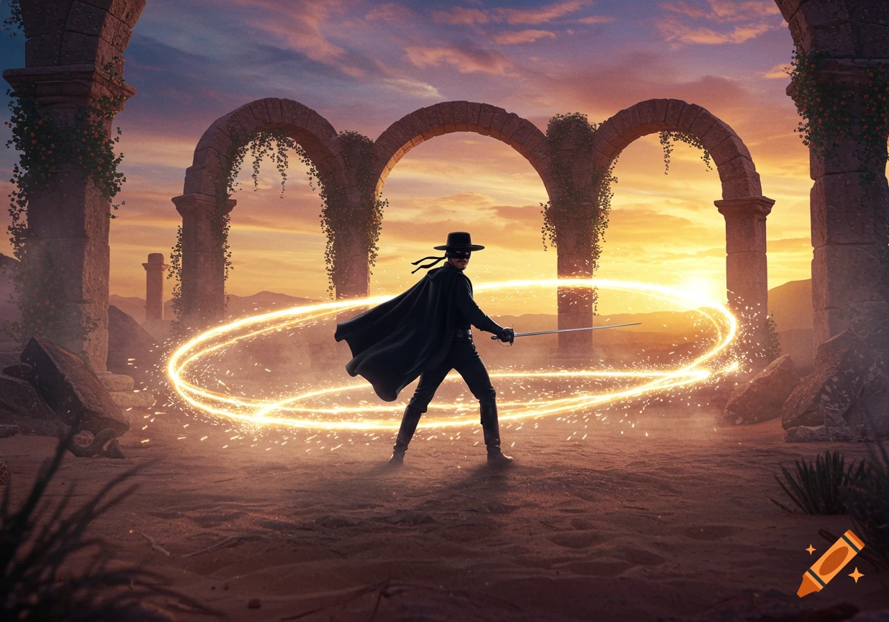 Zorro in a black cape and hat stands with a sword, surrounded by glowing golden magical rings and sparks in a desert landscape with ancient stone arches at sunset.