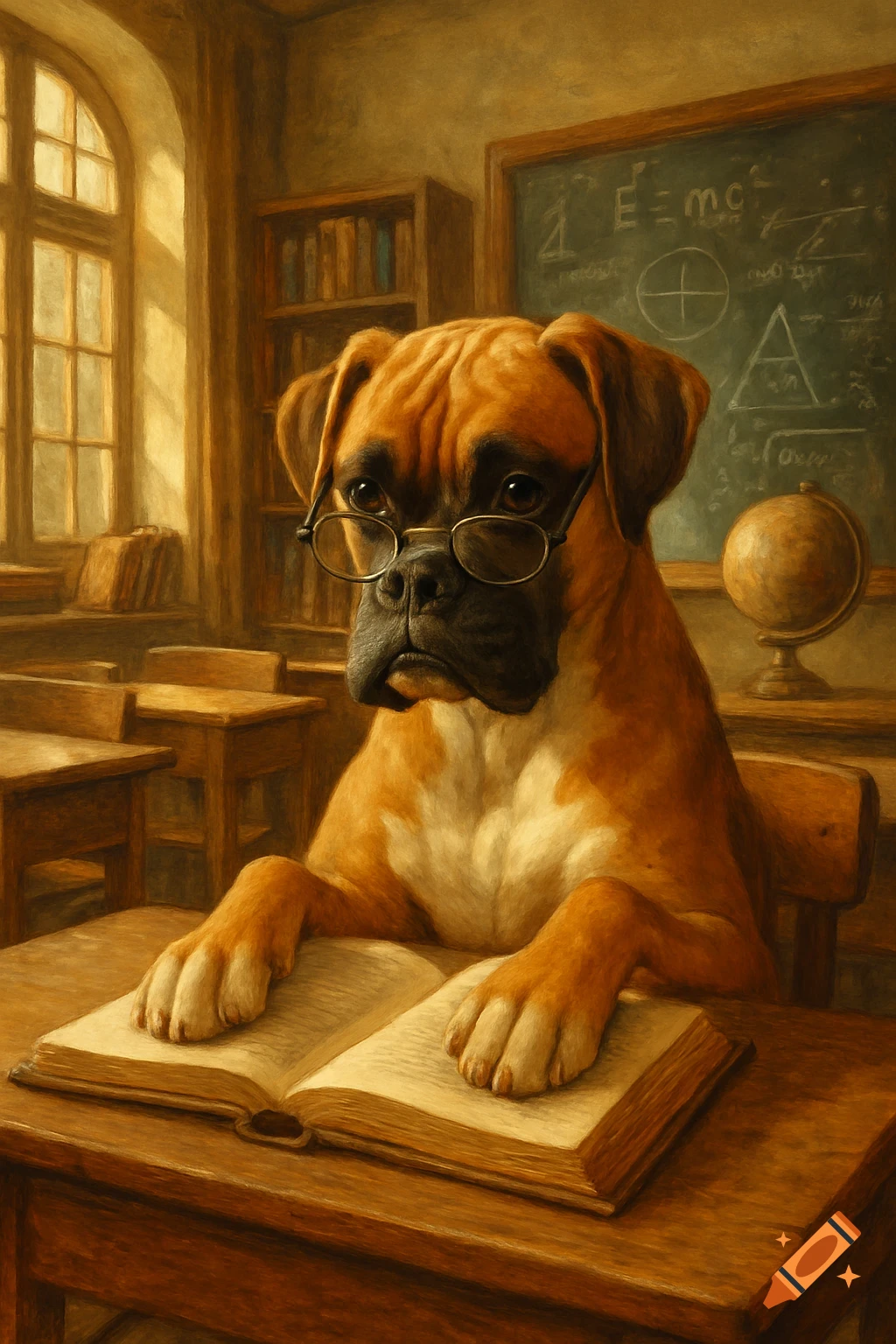 A boxer dog wearing glasses sits at a school desk, looking at an open book in a painterly classroom.
