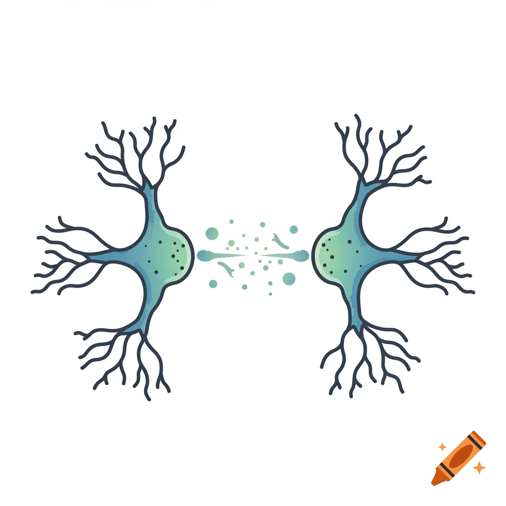 Icon of two neurons with neurotransmitters firing across a synapse.
