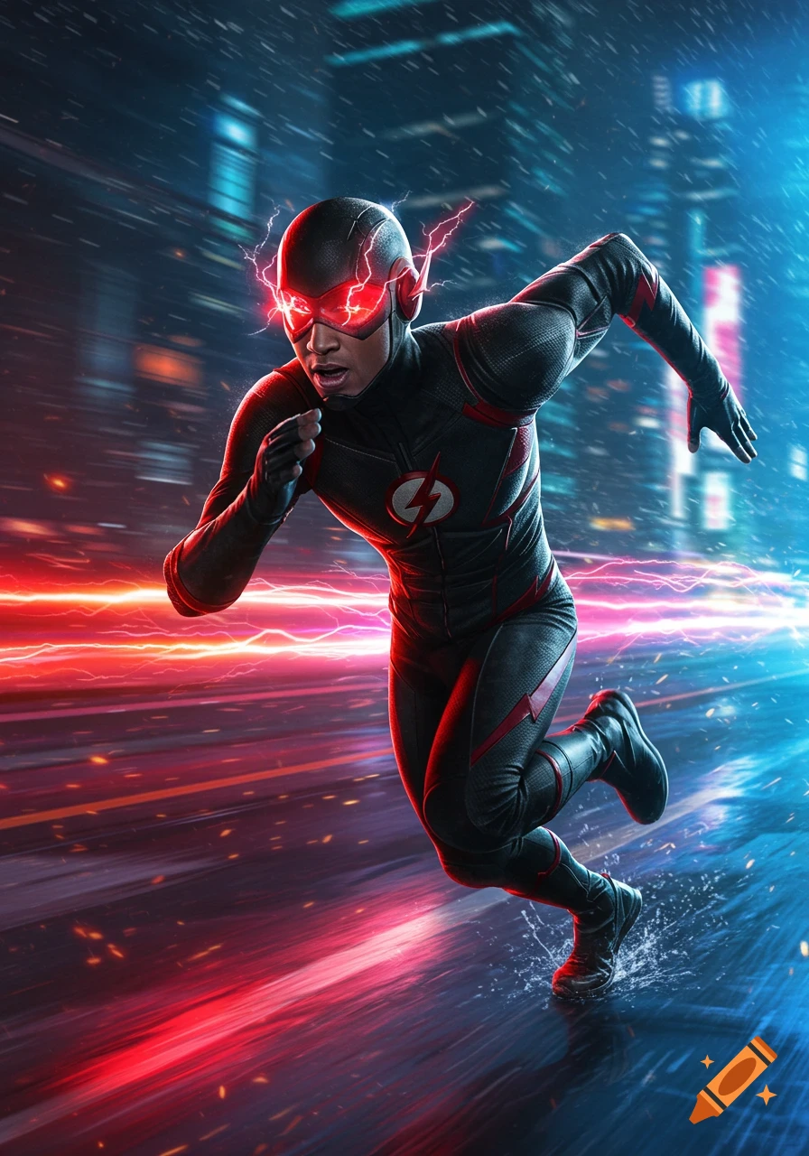 A speedster in a black and red suit with red glowing eyes and lightning bolts races through a futuristic city at high speed, leaving red and blue streaks.