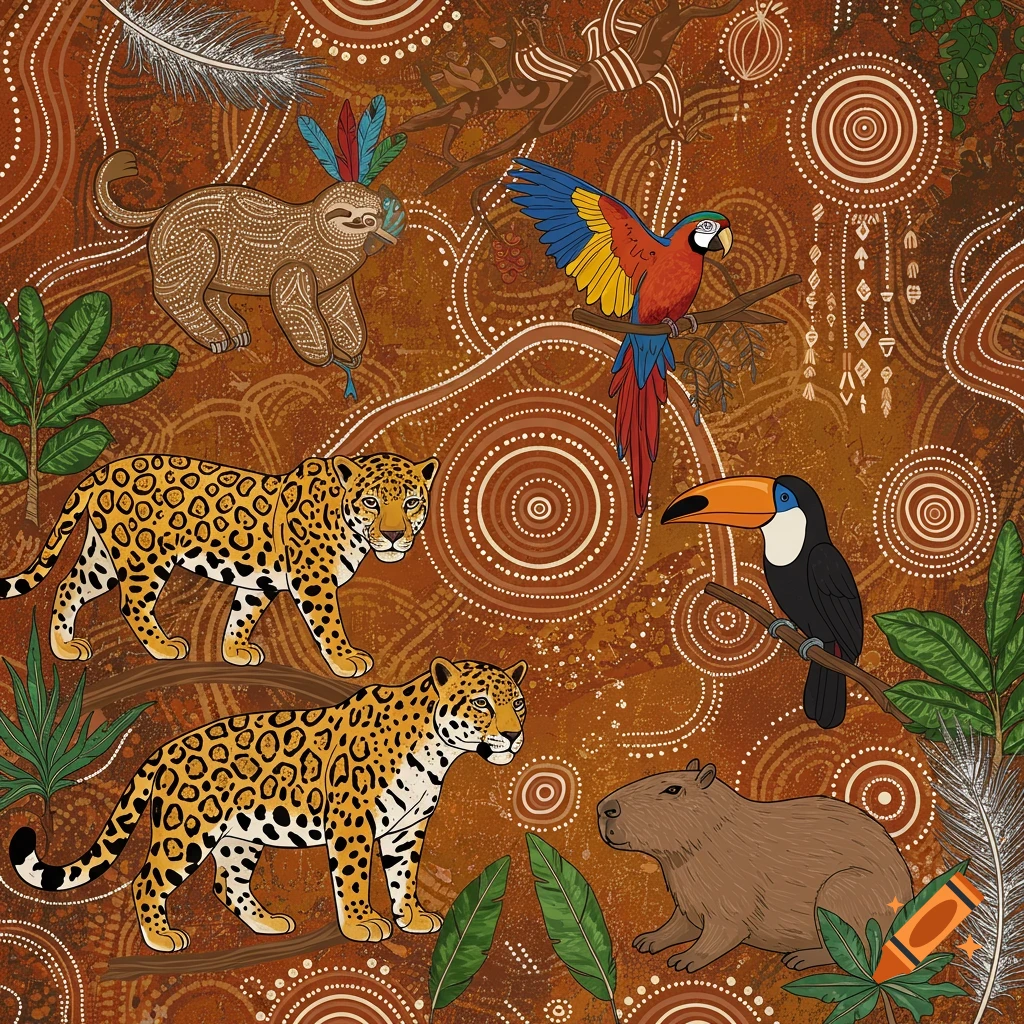 Stylized digital artwork featuring jaguars, a macaw, sloth, toucan, and capybara in a blend of Indigenous Brazilian and Aboriginal Australian dot painting styles on an earthy, patterned background.