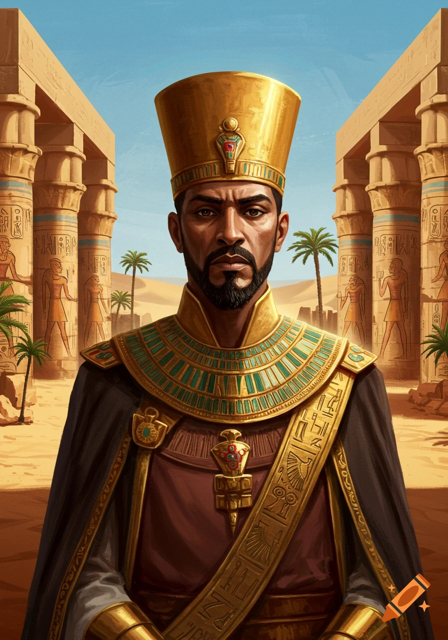 A man in ancient Egyptian royal attire with a golden crown and elaborate necklace stands before desert temple ruins.