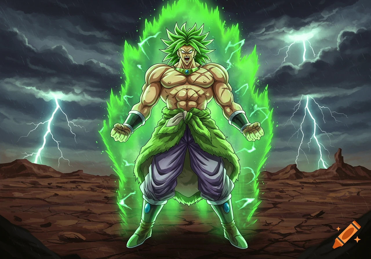 Anime style illustration of Broly from Dragon Ball, powered up with a green aura, standing in a stormy, lightning-filled landscape.