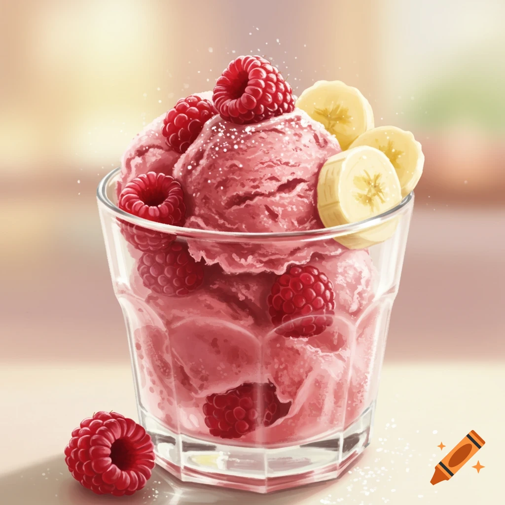 A glass of pink raspberry ice cream with fresh raspberries and banana slices, on a light background.