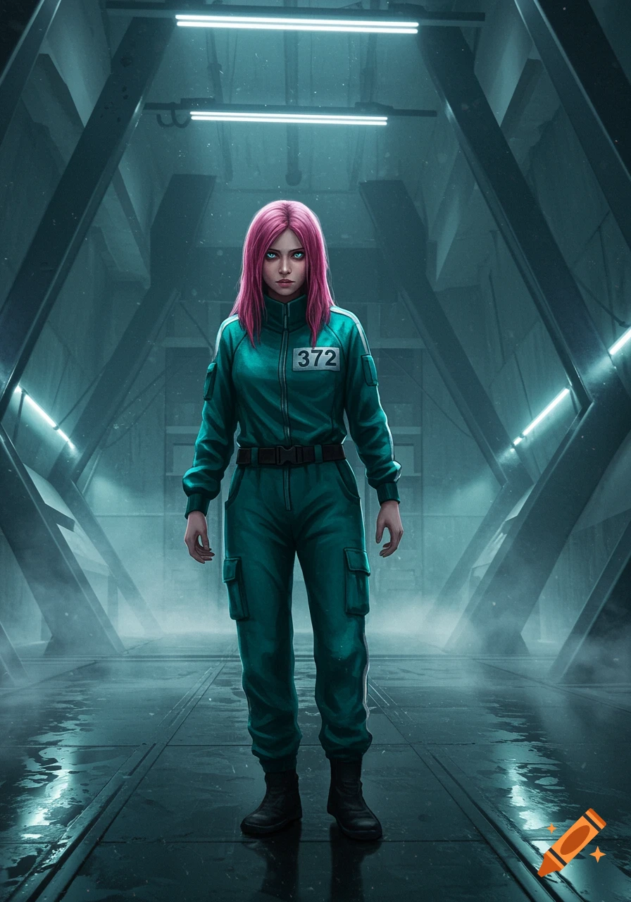 A female character with pink hair and blue eyes in a teal-green tracksuit with number 372, standing in a dark, futuristic corridor. Digital art.