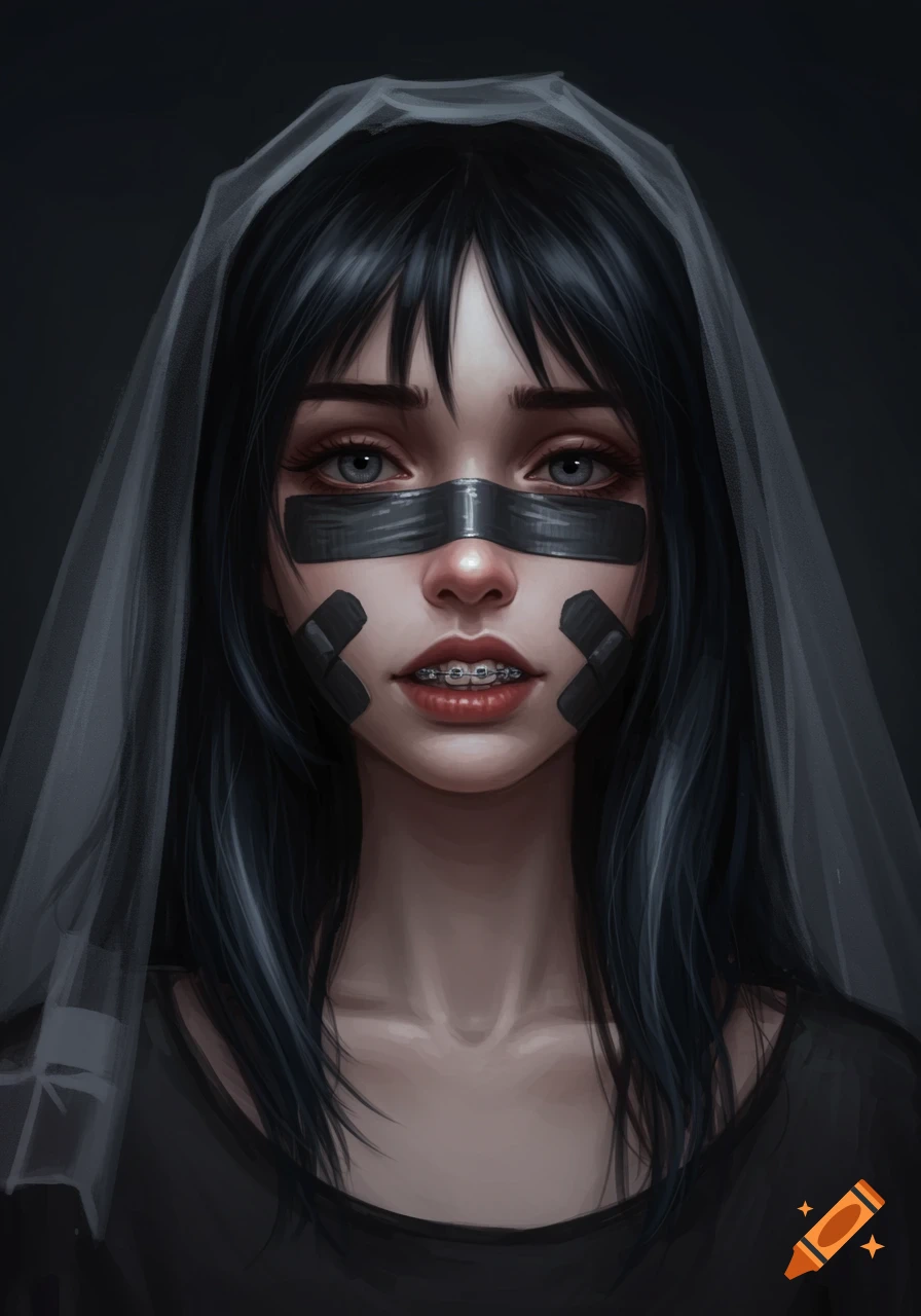 Digital portrait of a pale woman with dark hair, braces, black tape over her eyes and cheeks, and a sheer white veil.
