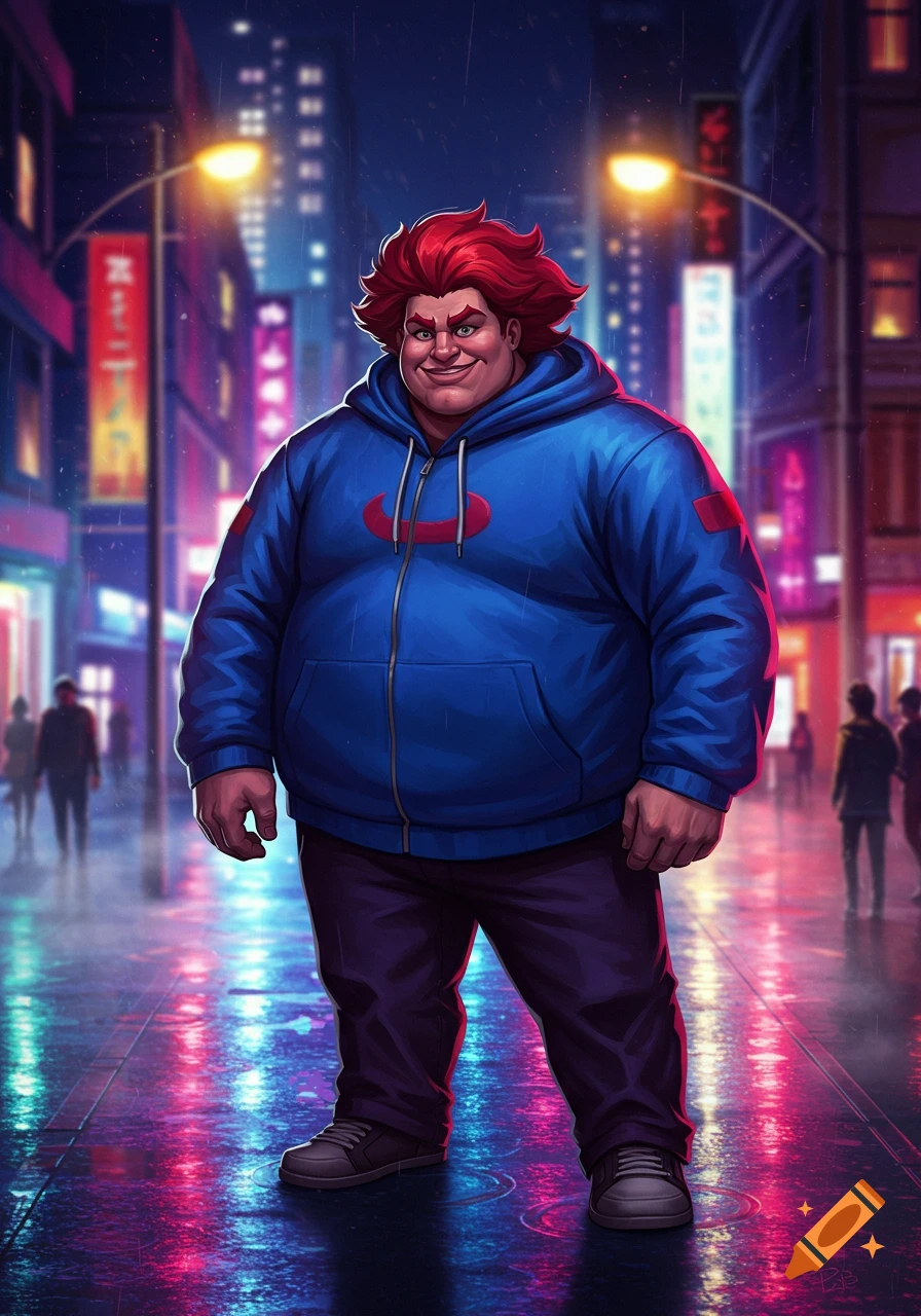 A large, red-haired man in a blue hoodie stands on a wet, neon-lit city street at night in a stylized illustration.