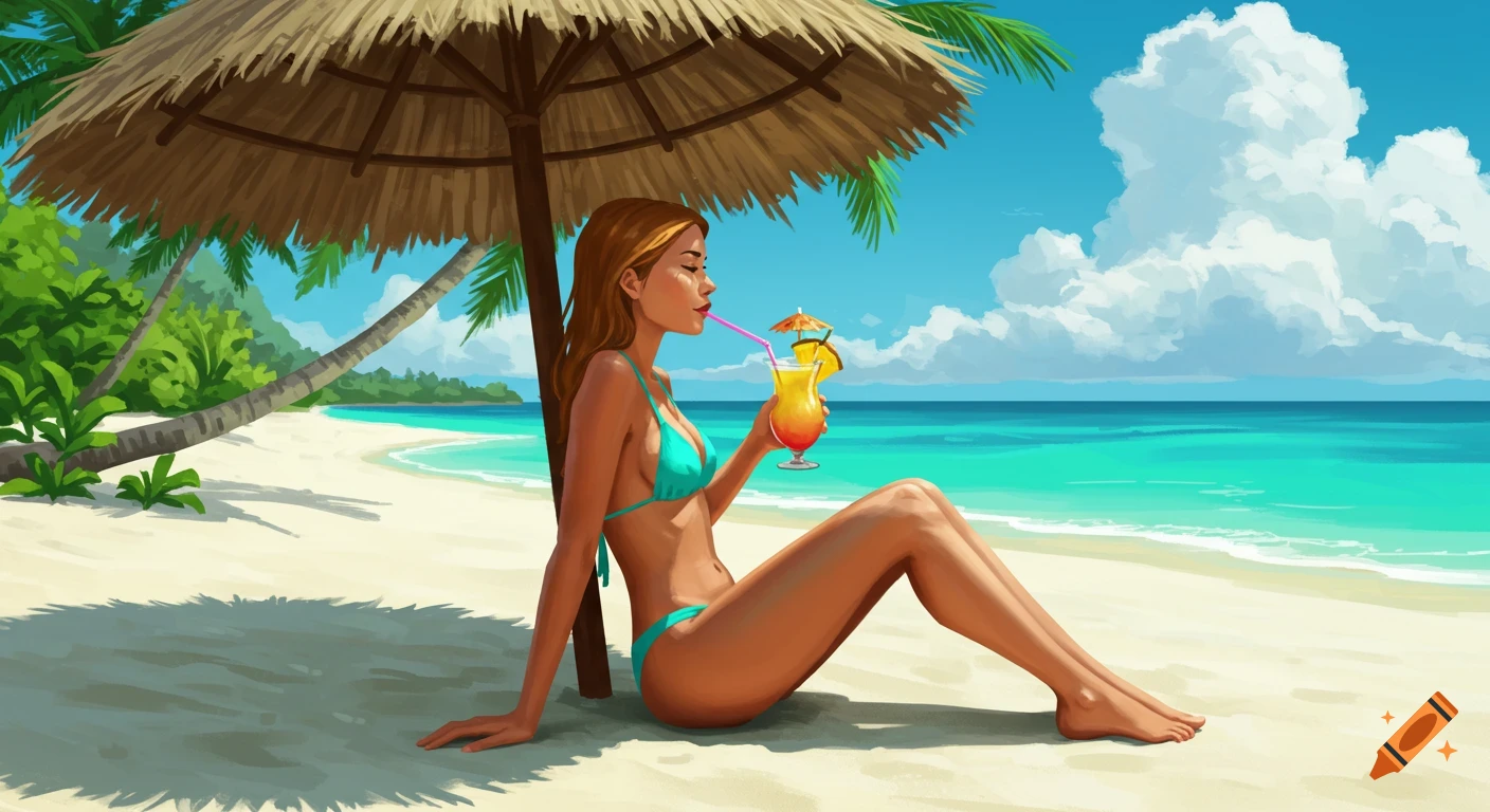 Illustration of a woman in a teal bikini sitting on a sandy beach under a straw umbrella, drinking a tropical cocktail.