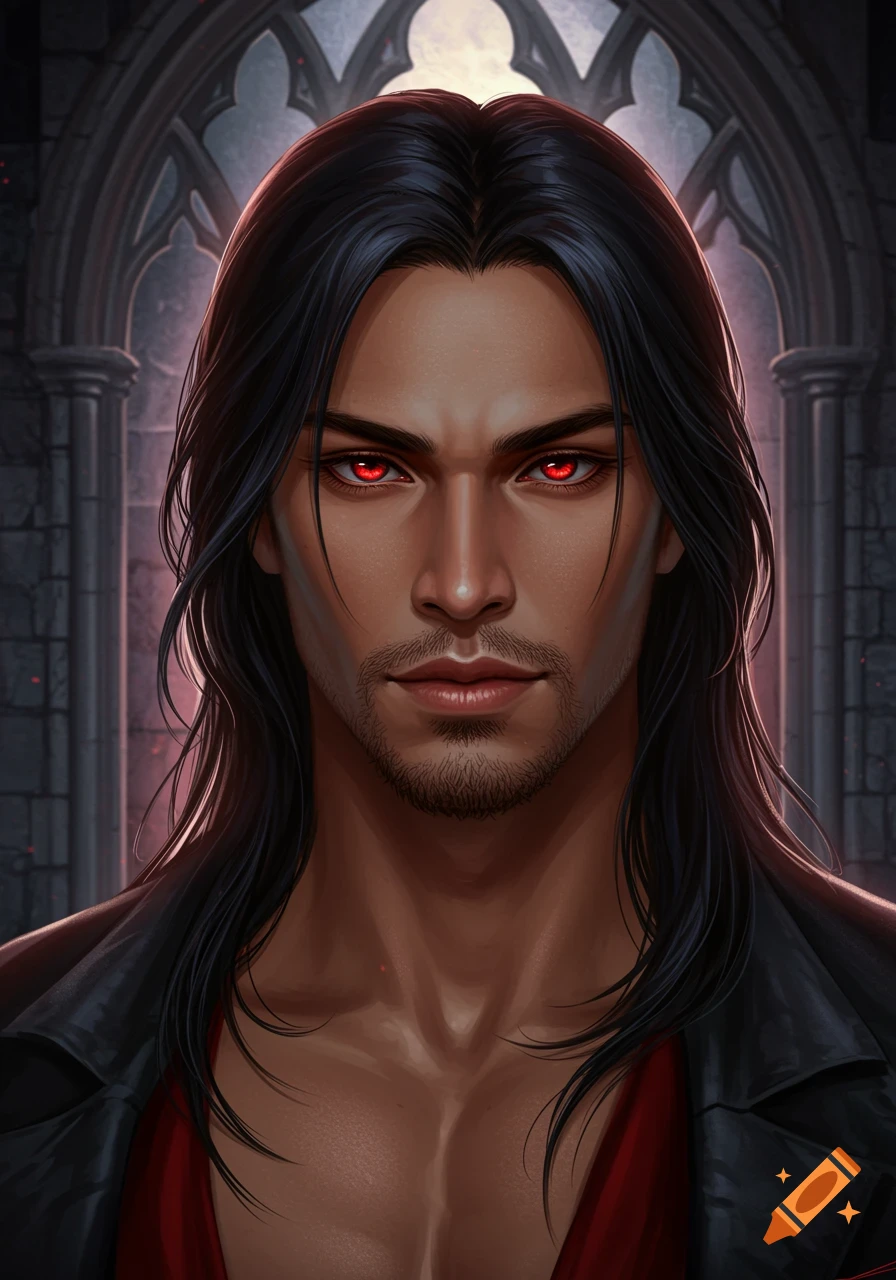 A portrait of a man with long black hair, red eyes, and a slight beard, wearing a dark jacket over a red shirt, in a gothic setting.