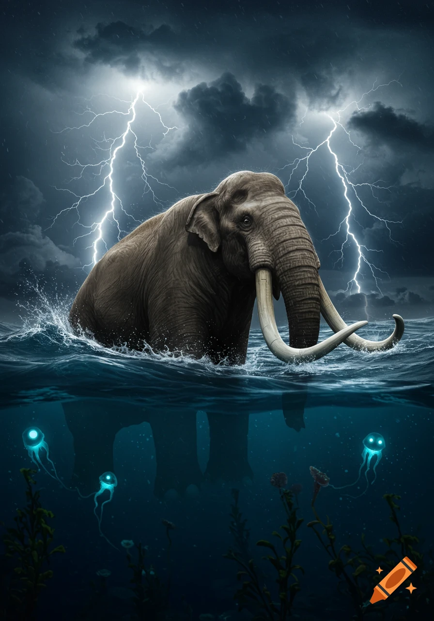 A large, tusked mastodon in a stormy ocean under lightning-filled skies, with glowing jellyfish and plants visible underwater.
