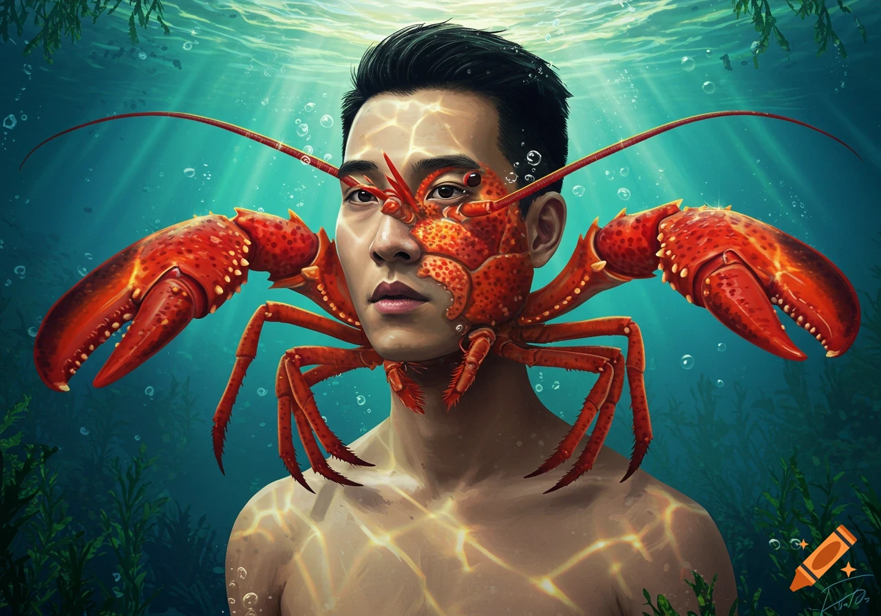 Surreal digital art of an Asian man's face and chest merging with a red lobster, set in a blue underwater scene.
