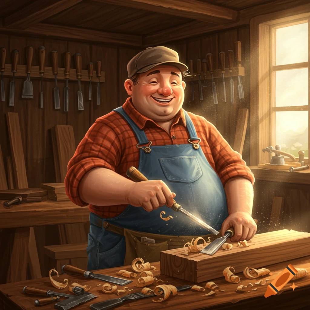 A smiling, plump male carpenter in a plaid shirt and overalls chisels wood in a sunlit workshop, surrounded by tools and wood shavings.