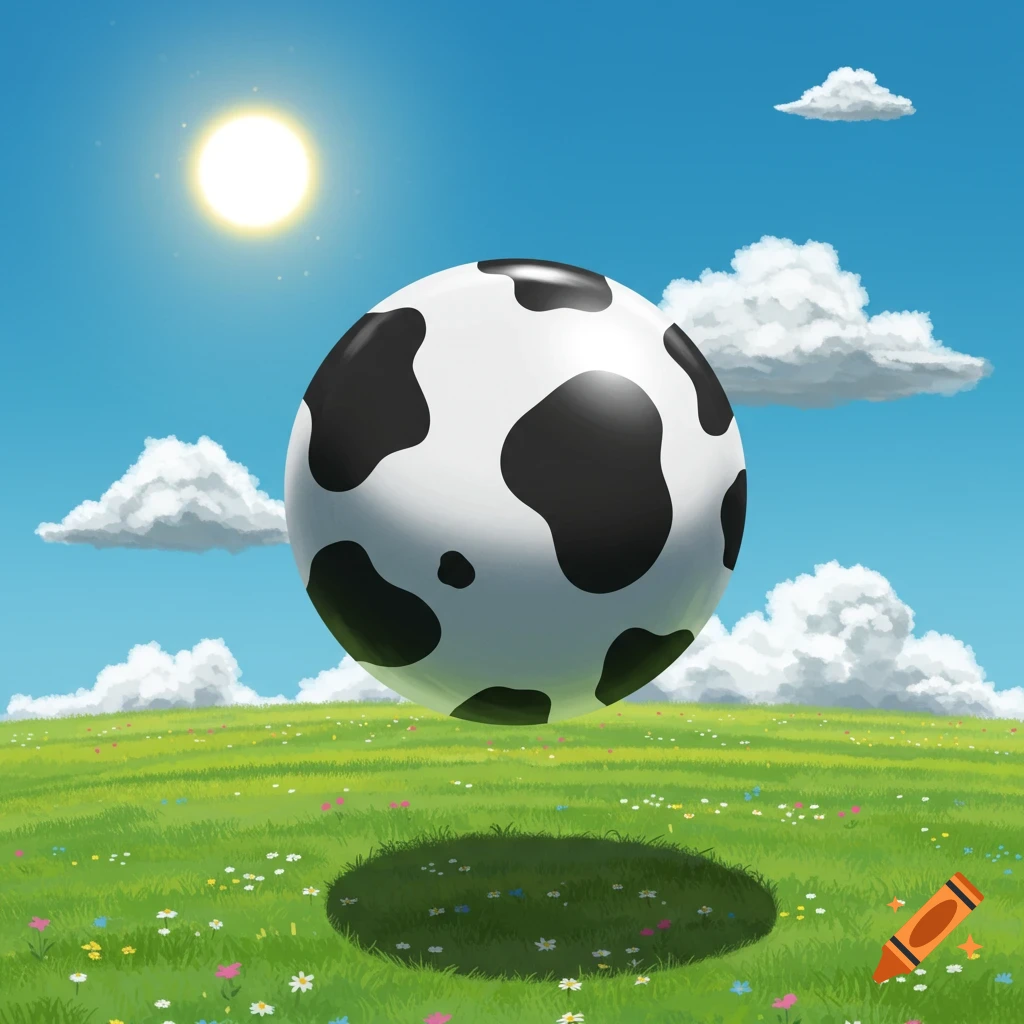 A large black and white cow-patterned sphere floats over a green field with wildflowers under a sunny blue sky with clouds.