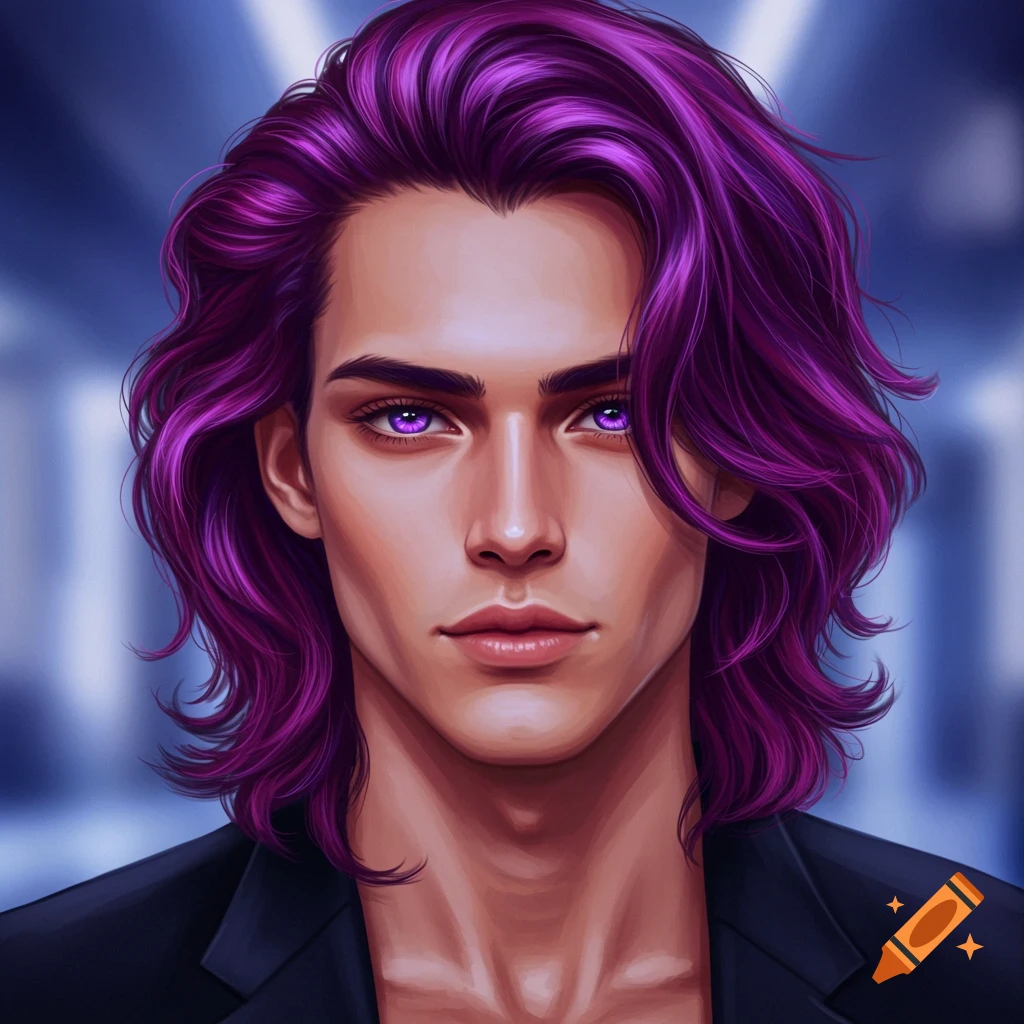 Close-up digital art portrait of a person with long purple hair and purple eyes wearing a black suit.