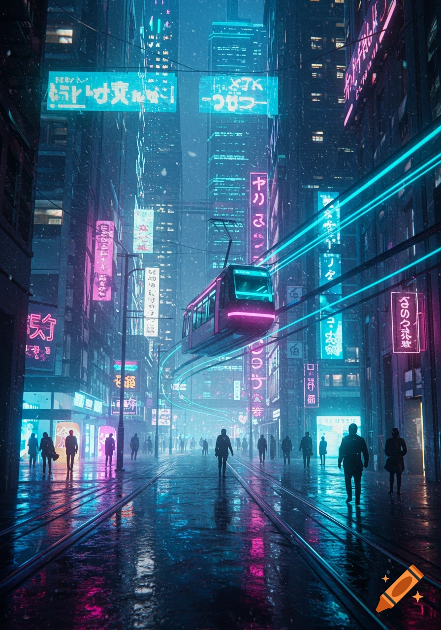 A futuristic cityscape at night with neon signs, a floating monorail, and silhouetted figures on a wet street, in a cyberpunk style.