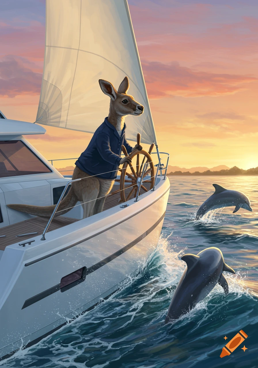An illustration of a kangaroo in a blue jacket steering a yacht at sunset, with dolphins jumping out of the water.