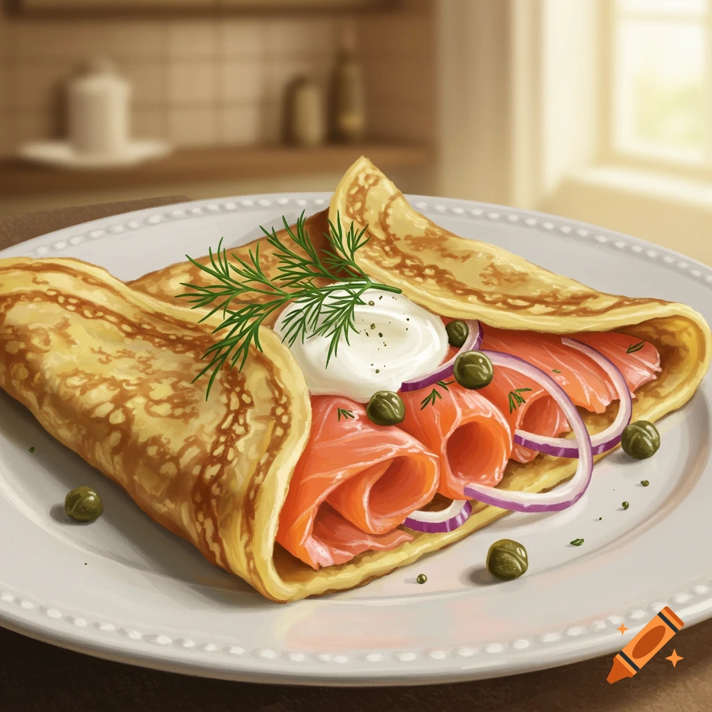 A golden crepe filled with smoked salmon, cream cheese, red onion, capers, and dill on a white plate. Illustrated.